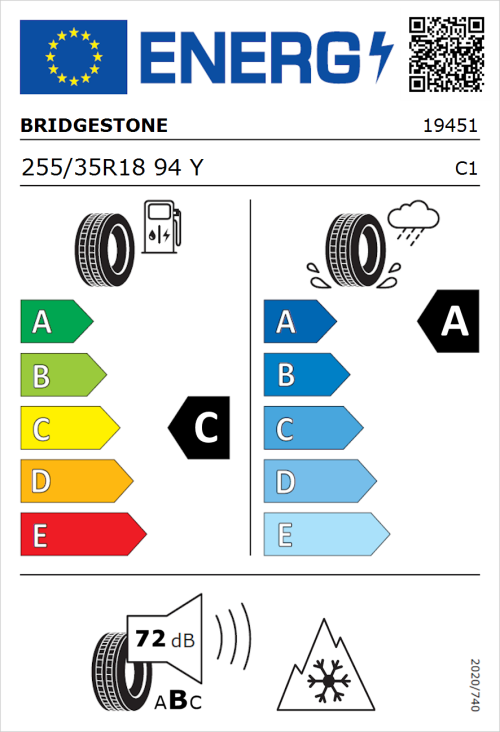 Tyre Label for Bridgestone Weather Control A005 EVO 255/35R18 94Y