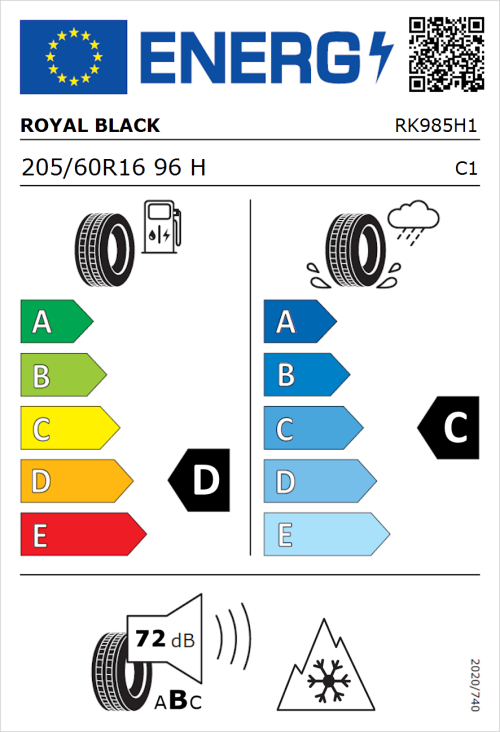 Tyre Label for Royal Black Royal A/S 205/60R16 96H